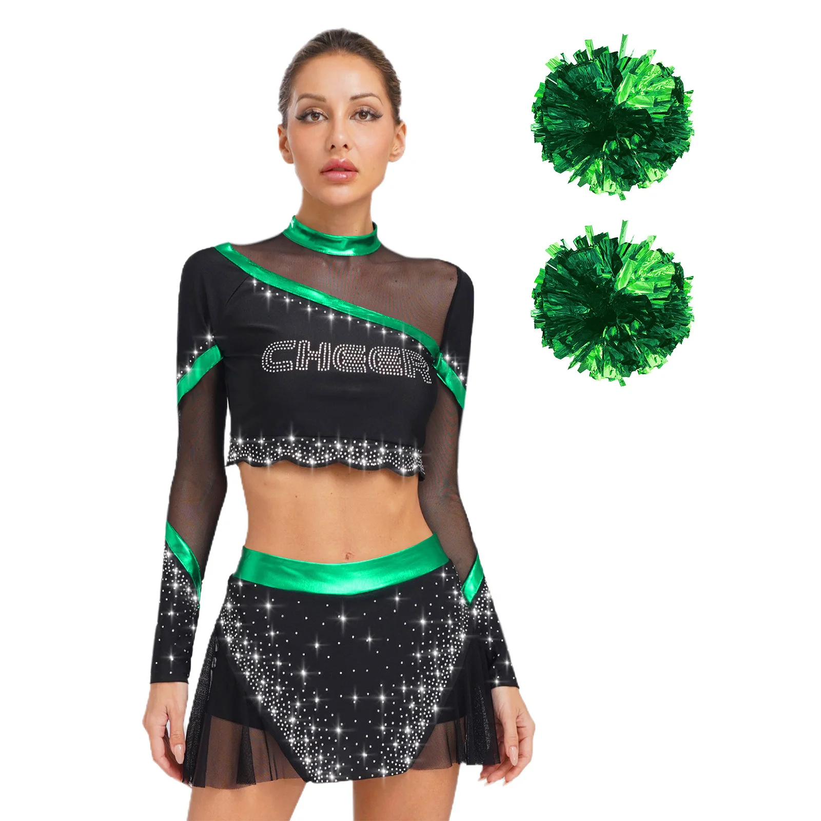 

Adult Women Cheering Team Stage Dance Outfits Mini Crop Tops with Dance Skirt Hand Flowers Set Cheering Performance Costumes