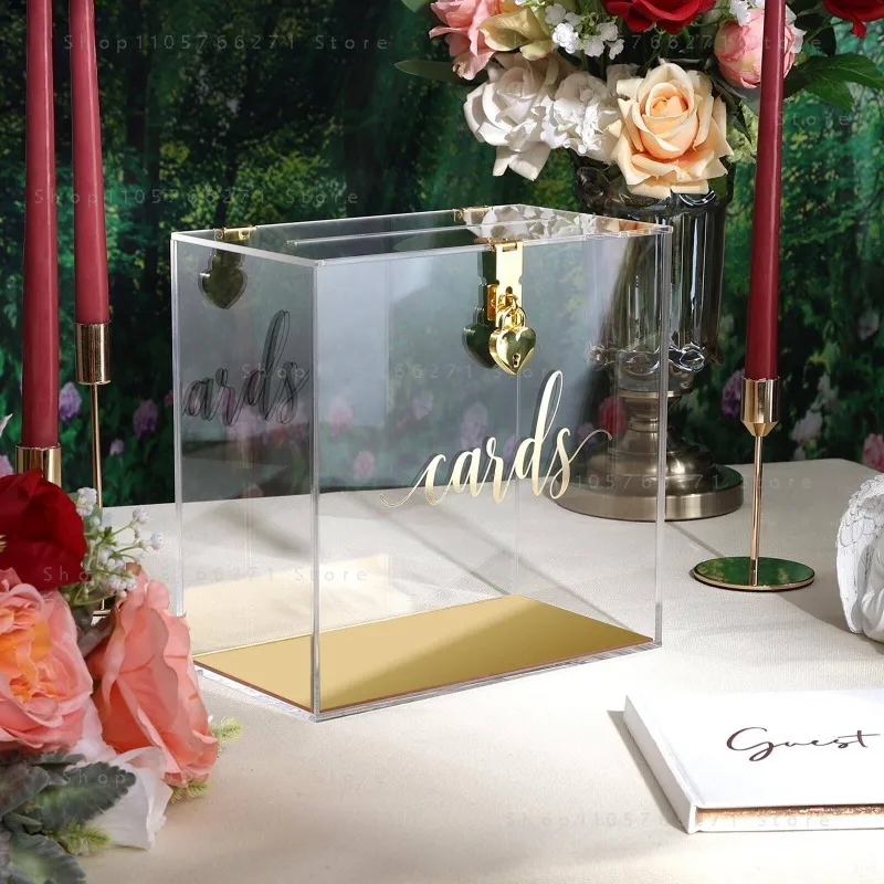 European Wedding Card Box Transparent with Lock Gift Gold Storage Box Birthday Banquet Greeting Card Box