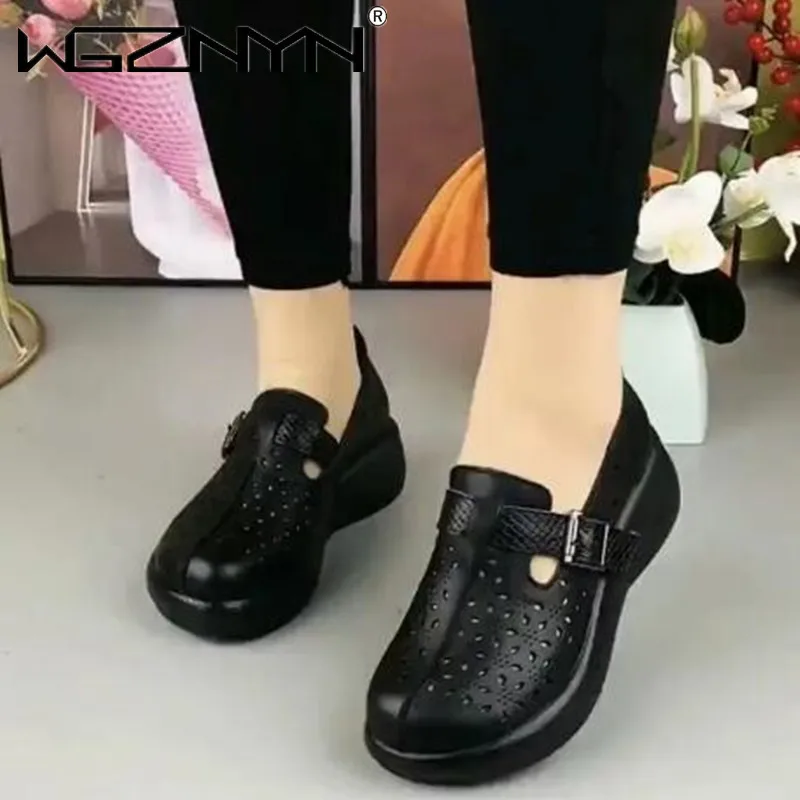 2022 NEW Spring Summer Shoes Hollow Genuine PU Leather Shoes Platform Sandals Increase Shoes Wedges High Heels Retro Women Shoes