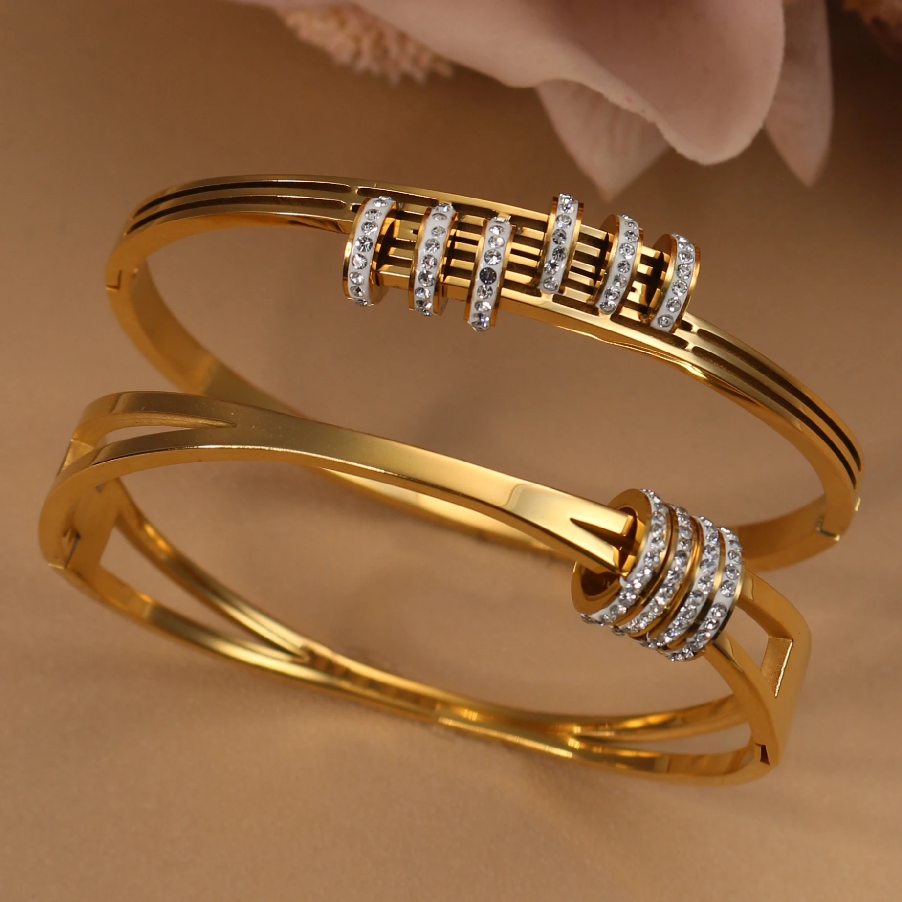 XB-133 New Stainless Steel Jewelry Crystal Bracelets Half Face Hollow Design Bangle For Women's Love Gifts Wholesale