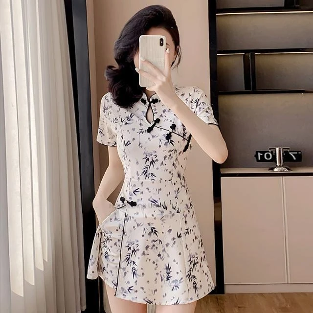 

Китайское улучшенное Ципао Cheongsam, традиционное платье + шорты, комплект, рабочее платье для отеля, спа, униформа красоты, Ципао с цветочным принтом Qipao