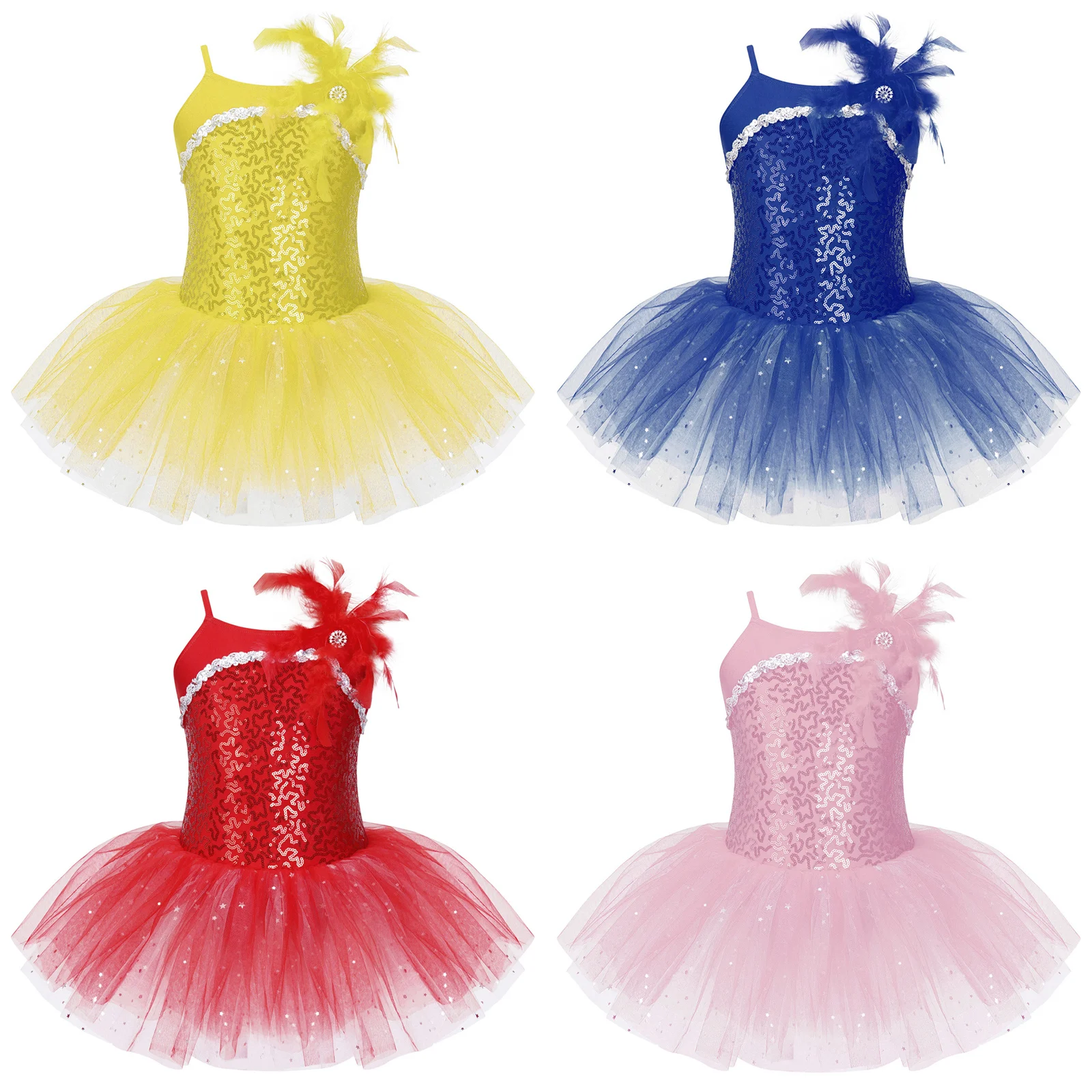 Kids Girls Ballet Dance Skating Tutu Dress Ballerina Sleeveless Feather Shiny Sequin Mesh Cute Christmas Party Leotard Dress