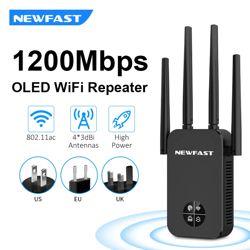 Repetidor De señal De 1200Mbps, Wi fi, 5G, AC1200, Wifi, amplificador extensor, pantalla Oled, Repeteur, 4 antenas Wla Largo Alcance