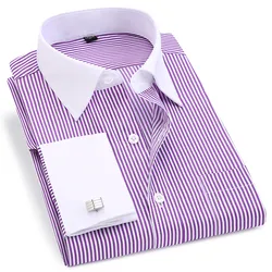 New Gentle Formal Mens French Cuff Dress Shirt Men Long Sleeve Solid Striped Style Men's Shirts Cufflink Include Plus Sizet 6XL