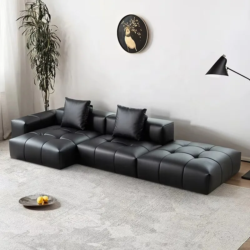 Zayshine Italian Minimalist Luxury Black Genuine Leather 3-seater Living Room Sofa Set Modular Villa Pixel Apartment Floor Sofa