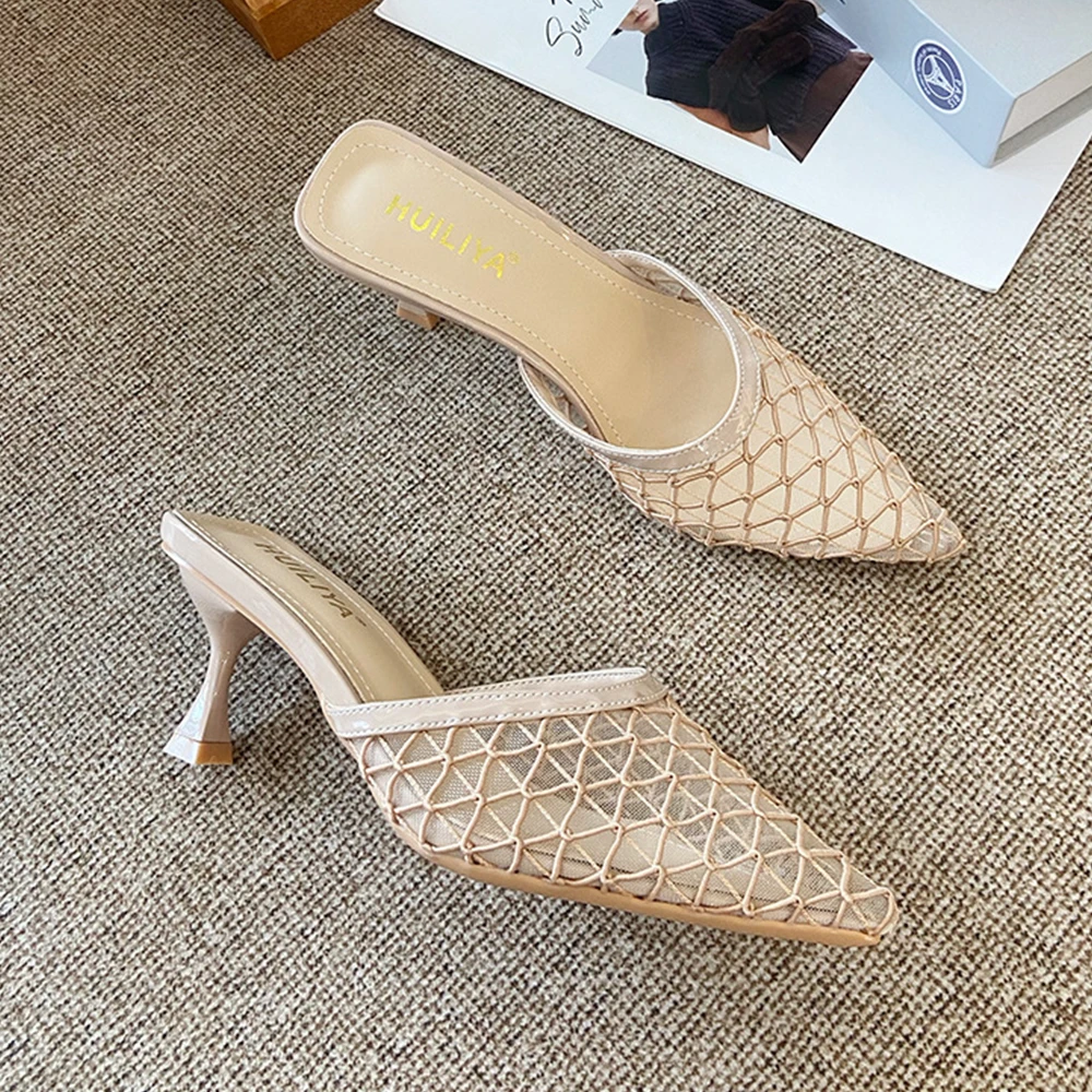 Women Kitten Heel Mules Pointed Toe Heeled Sandals Slip On Low Heels Slipper Mesh Stiletto Slingback Heels Dress Shoes Pumps