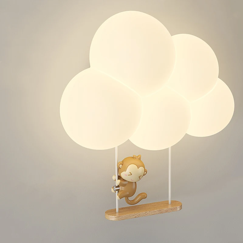 Monkey Light Cartoon Animal Wall Lamp White Cloud Sconce Nursery Room Night Light Children's Bedroom Bedside Lamp Eye Protection