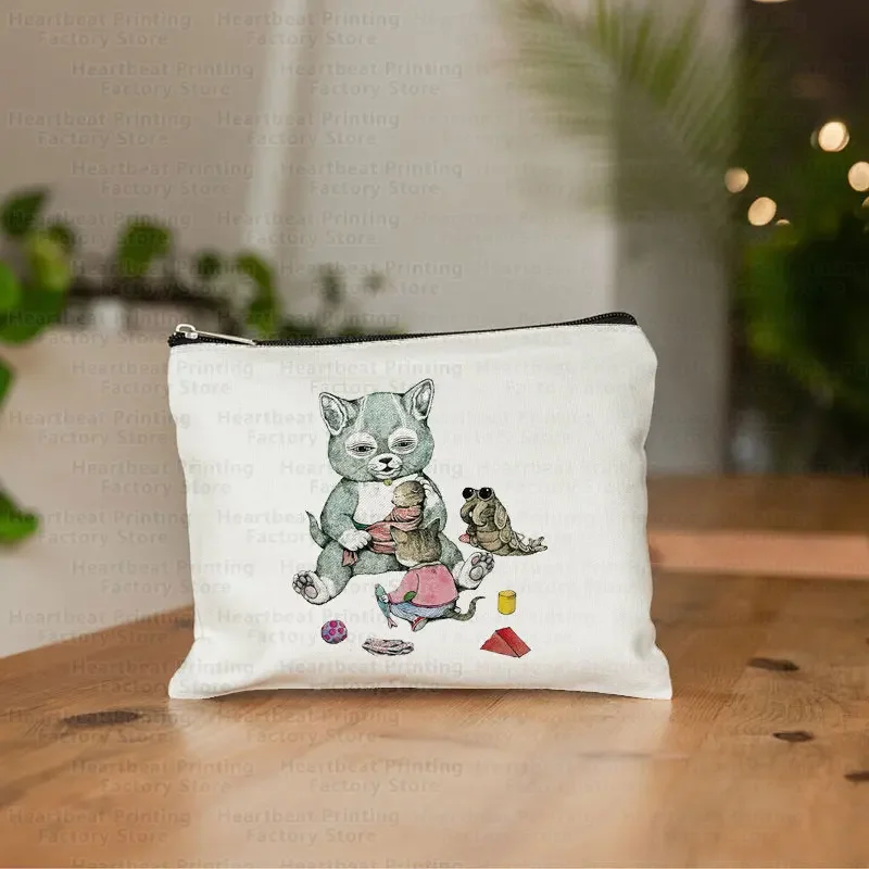 Illustration Cat Girl Print Heat Transfer Multifunction Pencil Case Women Makeup Bag Fashion  Pretty Japanese Style Cosmetic Bag