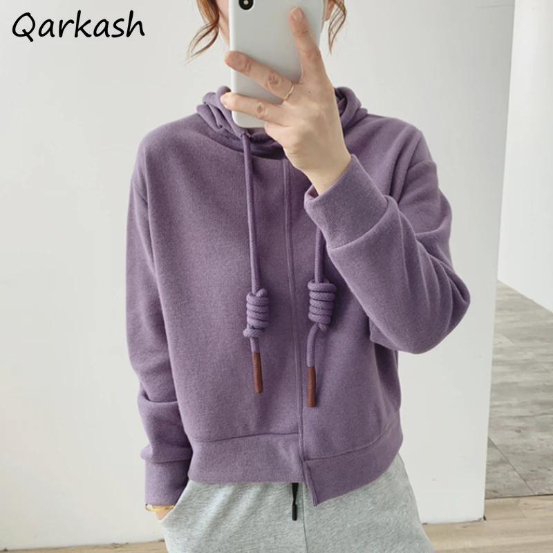 

Purple Sweatshirts Women Chic Draw-string Autumn Harajuku Sweet Teens Loose All-match Casual Street Wear Cropped Clothes