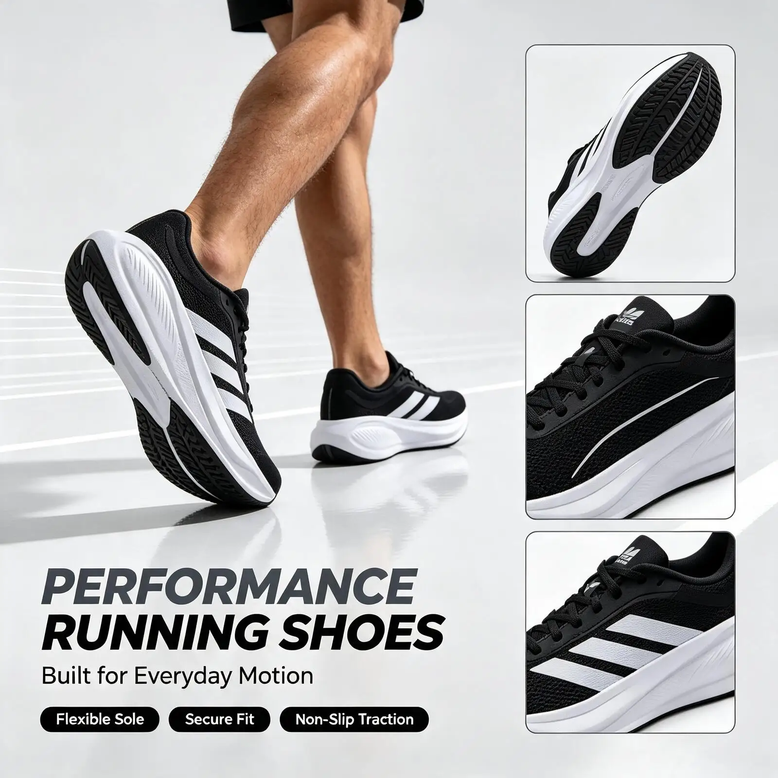 Adidas Black White Running Shoes for Men Breathable Mesh Cushioned Athletic Sneakers Non-Slip Lightweight Walking Shoes