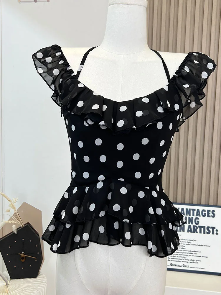 Summer 2024 New Design Women Polka Dot Butterfly Sleeve T-Shirts American Style Sexy Quality Halter Top Daily Cozy Gyaru Tees