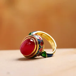 Original ancient gold craftsmanship natural carnelian rings for women flower enamel national style Wedding fine jewelry