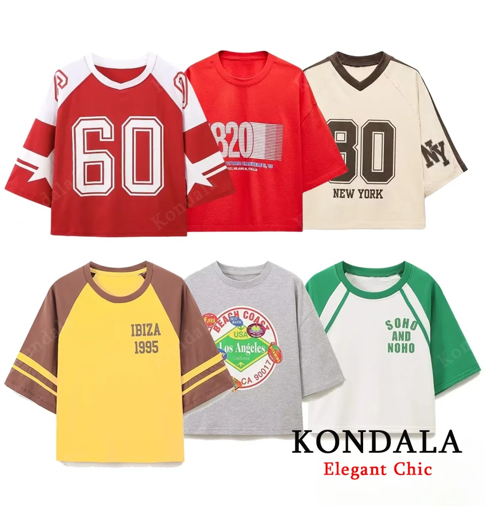 

KONDALA женская стильная короткая футболка в стиле преппи, новинка лета 2025, осень, энергичная футболка для молодых девушек с принтом букв, классическая футболка