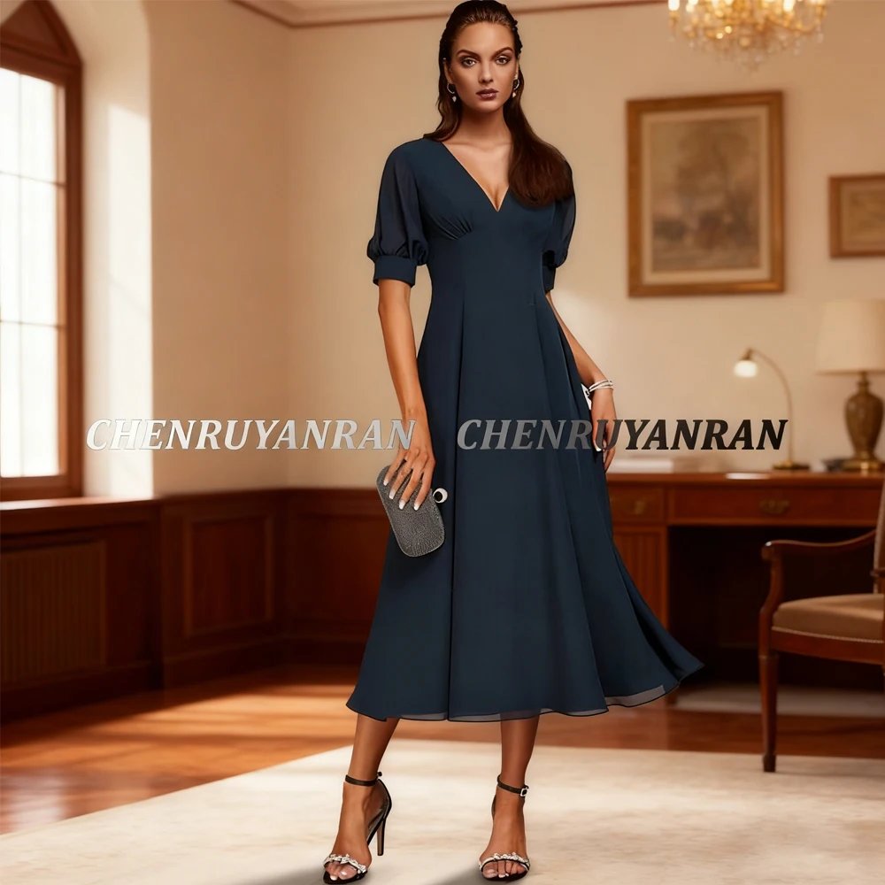 Chiffon Mother of the Bride Dresses 2025 V-Neck Simple Wedding Guest Gowns Tea-Length Blue Elegant Dress Women For Wedding Party