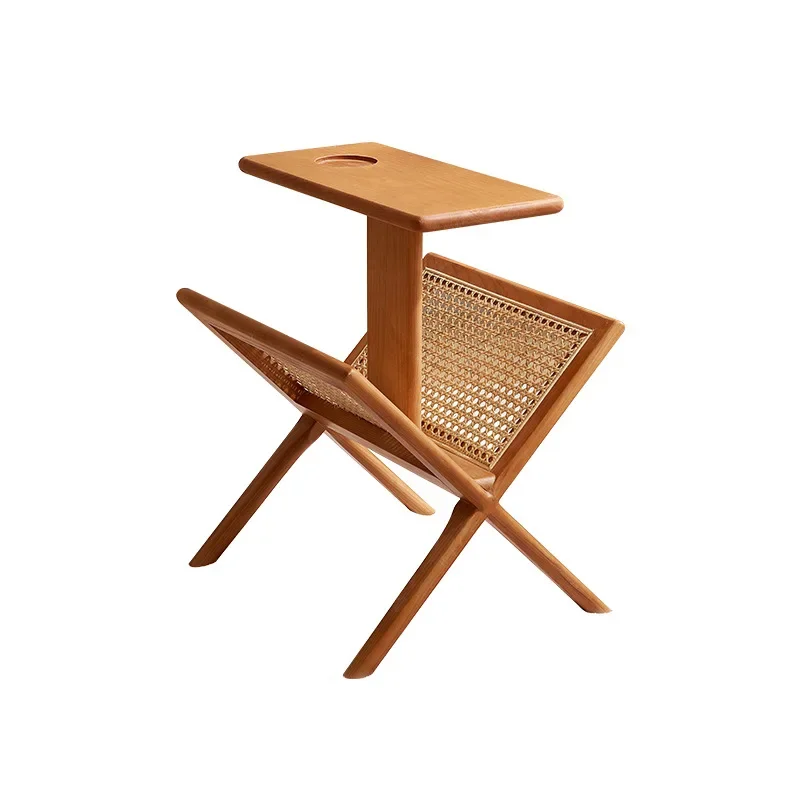 

Japanese retro solid wood rattan magazine storage rack, medieval sofa side cabinet, small tea table side table