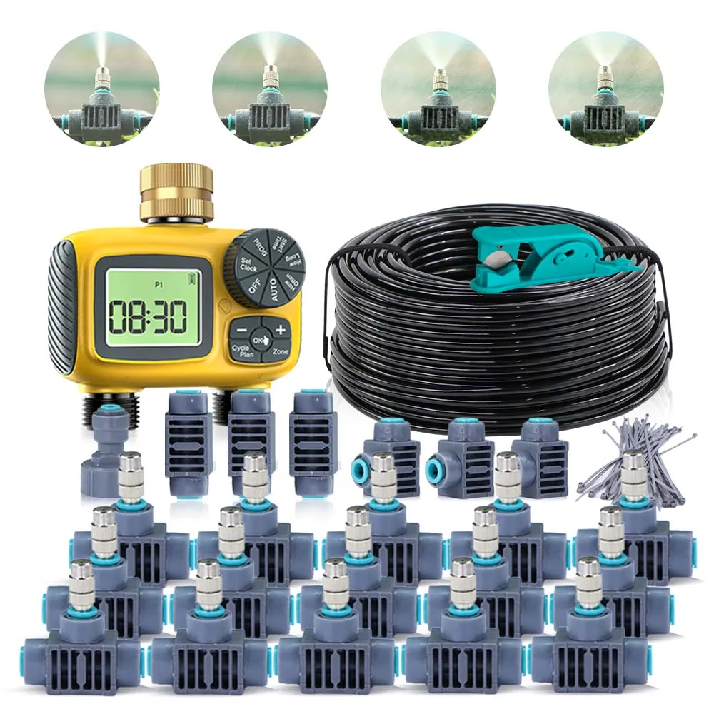 

30m-10m Gardening Luxury Dual-Outlet Timer Quick Connect Irrigation Kit 1/4" Hose LCD Display Automatic Watering Cooling System