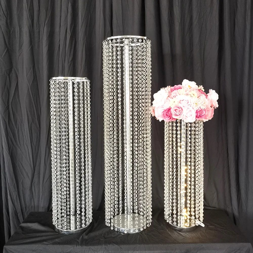 Cylinder Round Shape Flower Stand, Golden, Silver, Wedding Table Centerpiece, Crystal Road Lead, Event Party Decoration