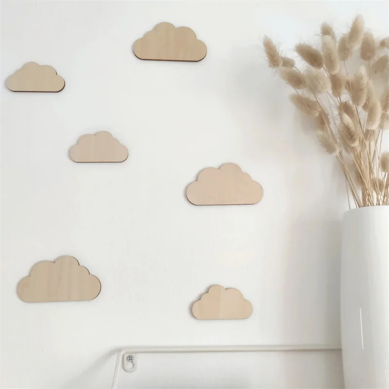 INS Nordic Wooden Wall Stickers 3D Rainbows Clouds Flowers Wood Sticker Kids Room Decoration Ornaments Home Crafts Nursery Decor