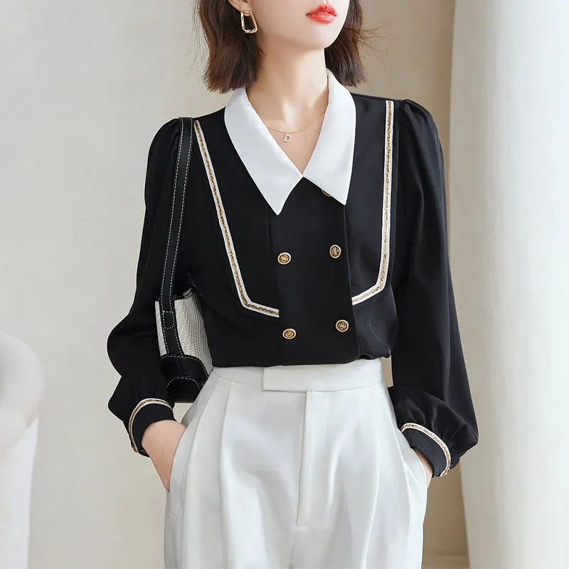 Preppy Style Solid Color Chic Button Blouse All-match Stylish Bright Line Decoration Female Spring Autumn Peter Pan Collar Shirt