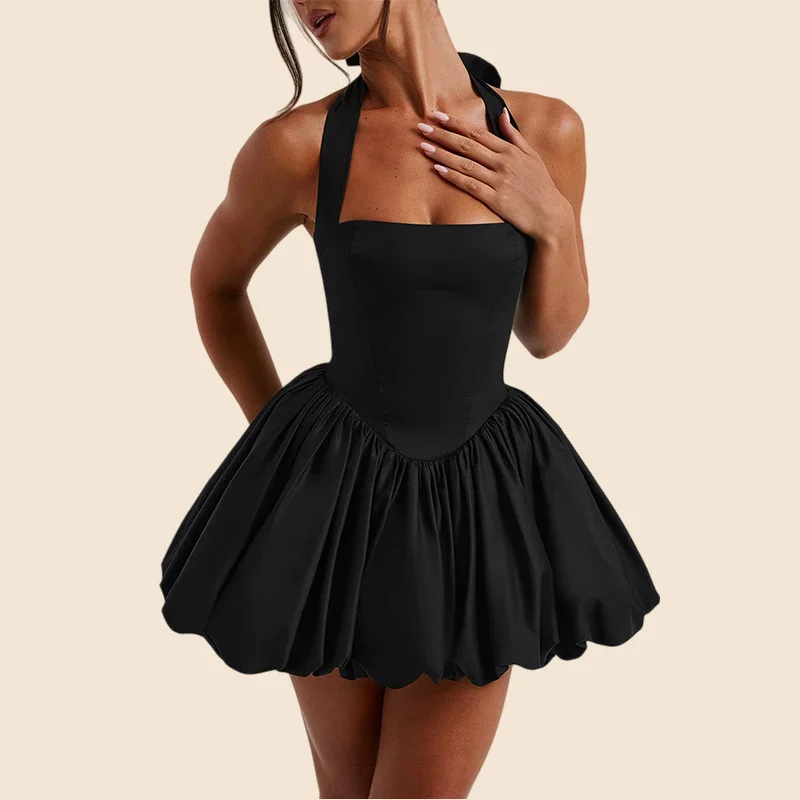 Women's Solid Color Slimming Skirt Dress Spring Summer Sexy Waist Cinching Fluffy A-Line Hanging Neck Tie Casual Elegant