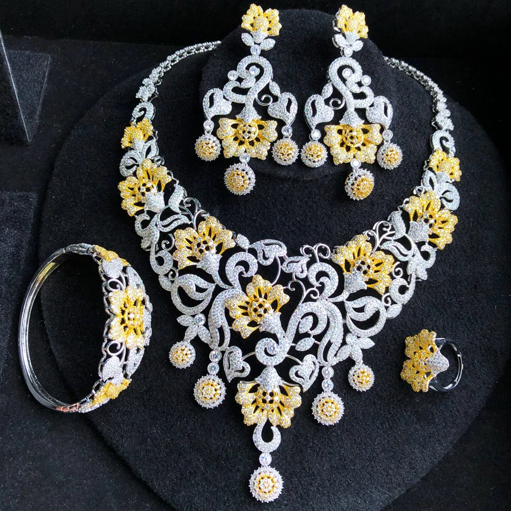 

KellyBola 4PCS Luxury Cubic Zirconia Flower Statement Jewelry Sets Nigerian Bridal Fashion Dubai Wedding Jewelry Sets For Women