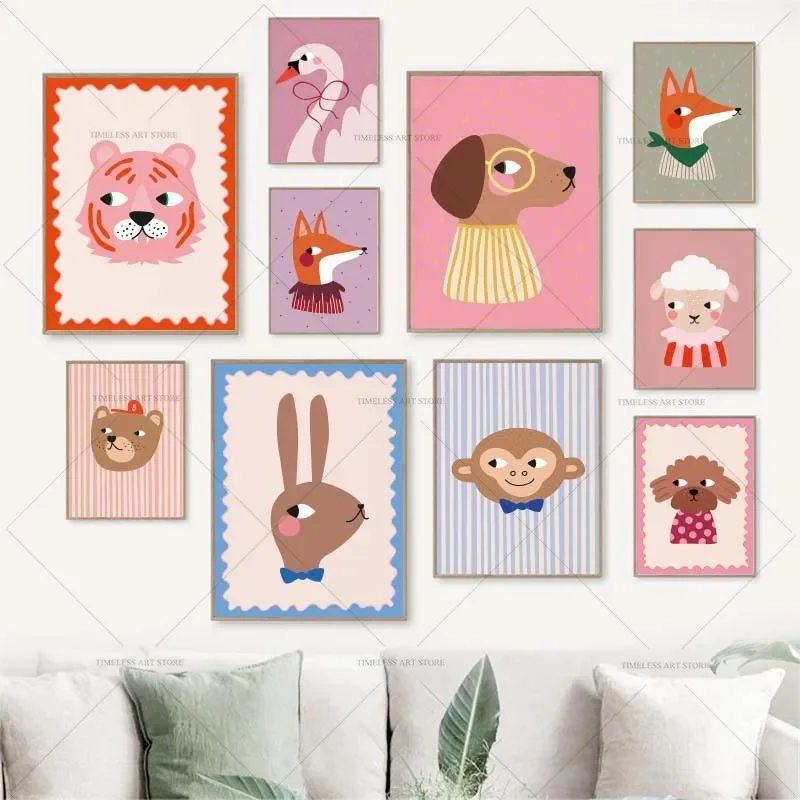 Cute Cat Fox Dog Bear Horse Bunny Red Polka Dots Illustration Poster Canvas Painting Print for Kids Nursery Wall Home Decor