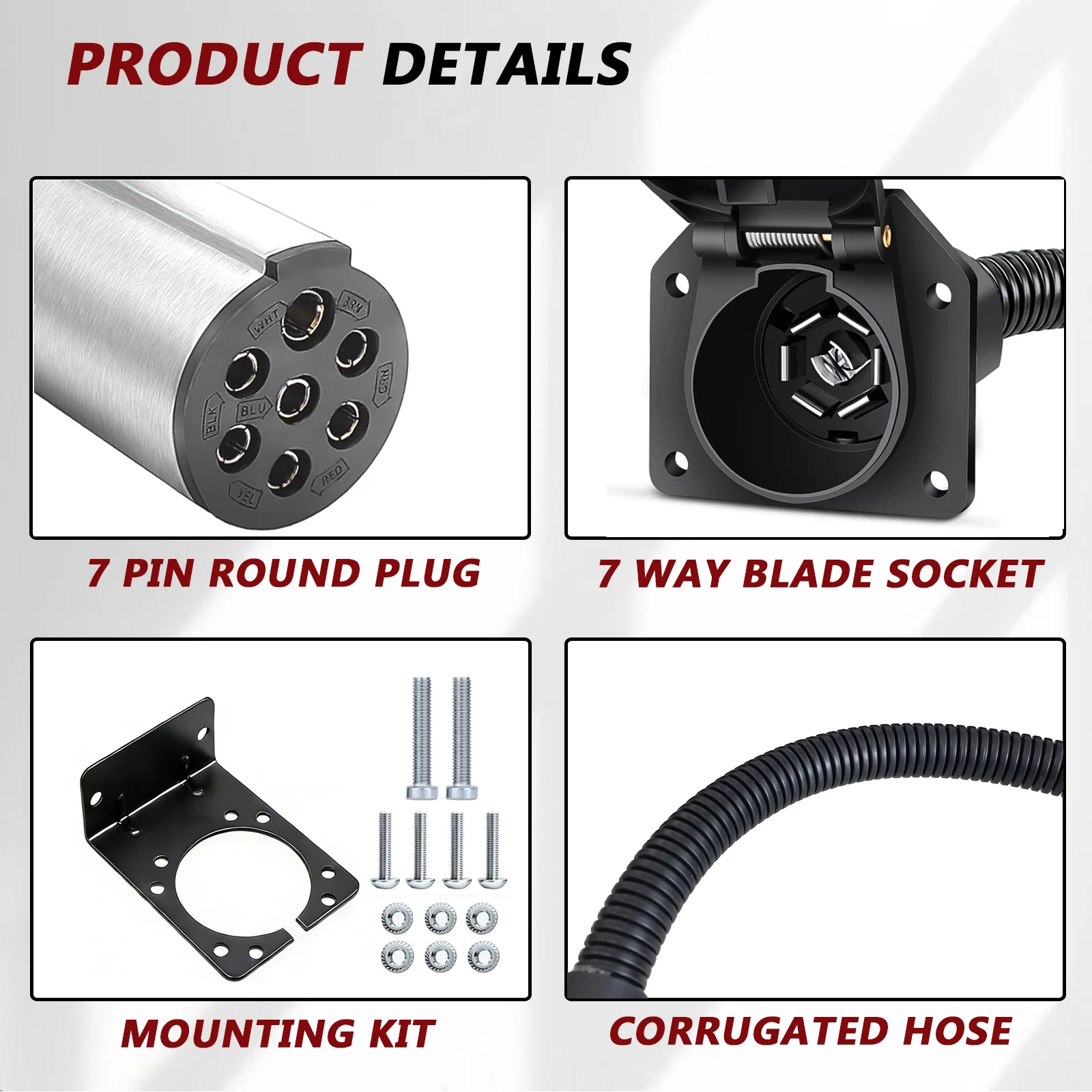 7 Way Round 7 Pin Truck to 7 Way Blade Car RV Trailer Adapter Wiring Light Plug Converter Heavy Duty Trailer Tractor Connector