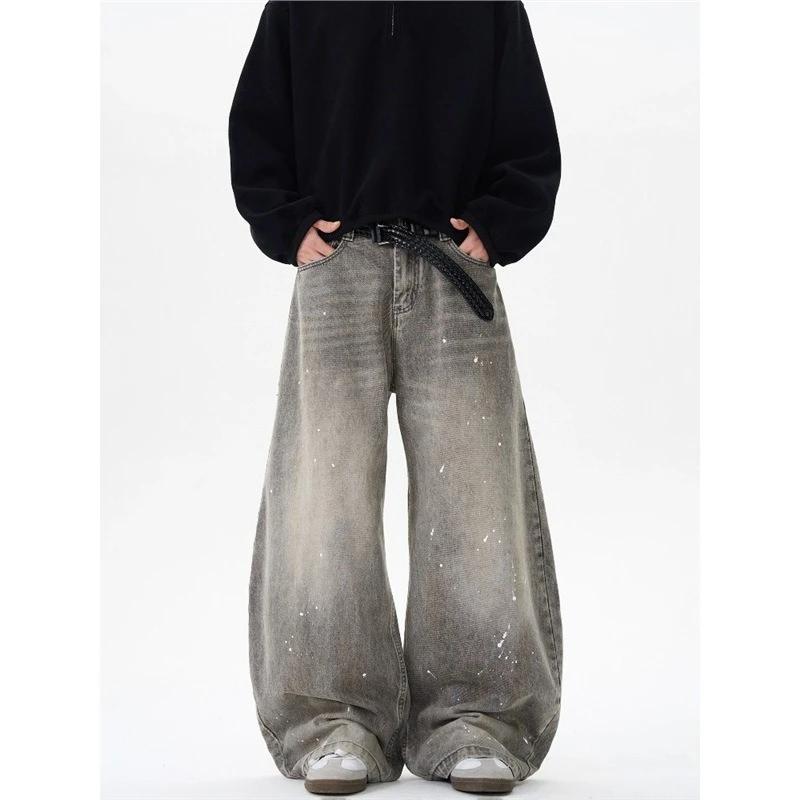 Retro Washed Grey Splash Ink Curved Knife Jeans Men Women American Street Trendy Loose Denim Casual Long Pants