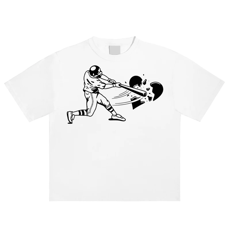 Retro Baseball Player Smash Broken Heart Print T-Shirt Y2K American Neck Pure Cotton Short Sleeve Fashion Pullover Tees Unisex