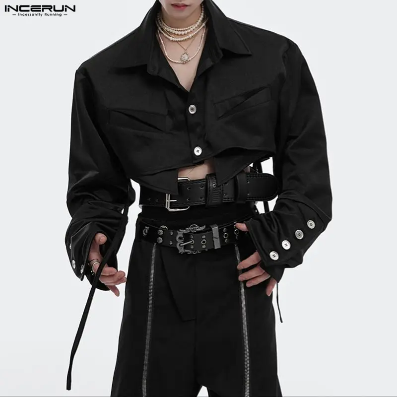 INCERUN Men Irregular Shirt Solid Color Lapel Long Sleeve Men Clothing Streetwear Loose Personality Fashion Crop Tops Men S-5XL