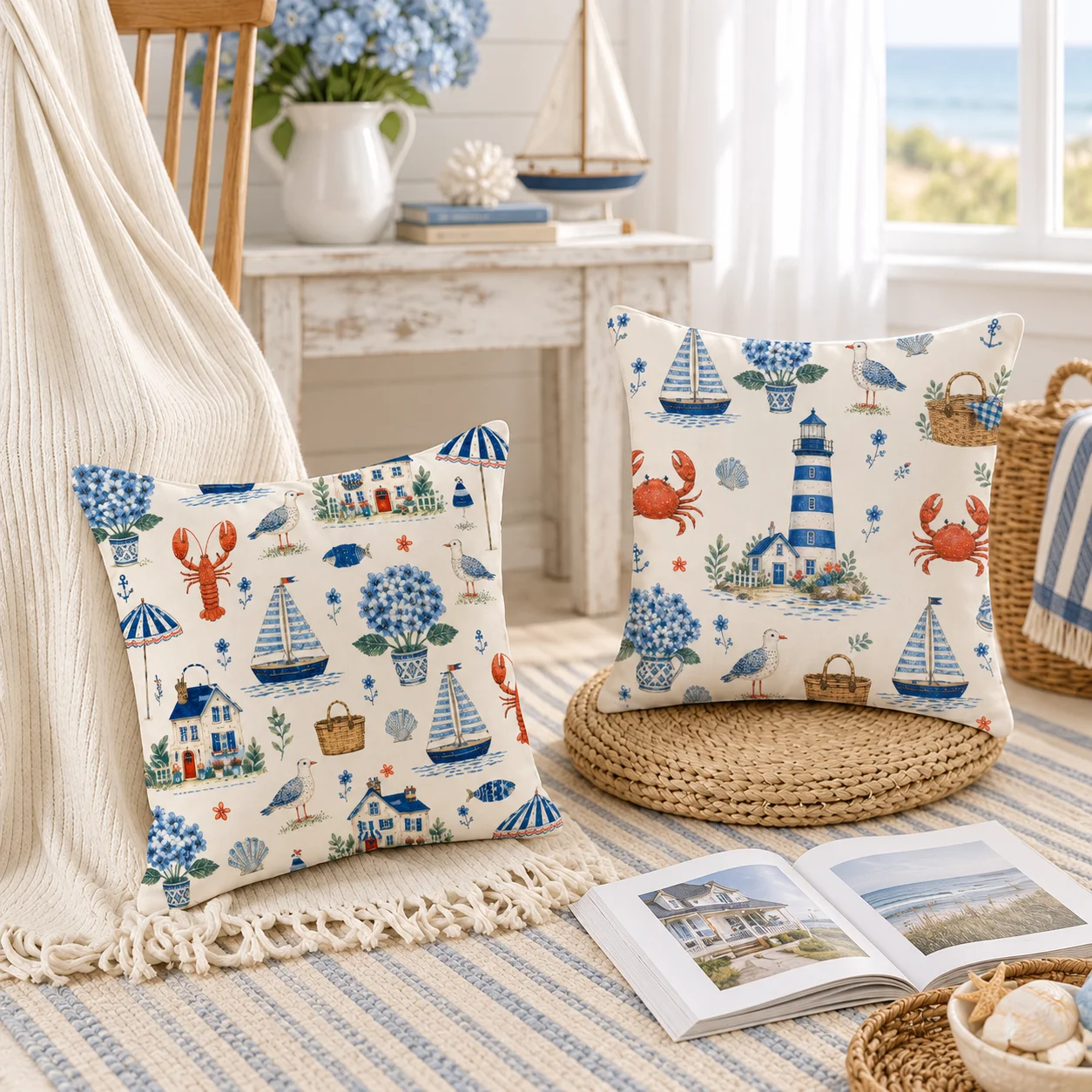 1/4PCS Coastal Lobster Sailboat Hydrangea Cushion Cover Short Plush Double-Sided Print Throw Pillow Cover Sofa Home Decor Gift