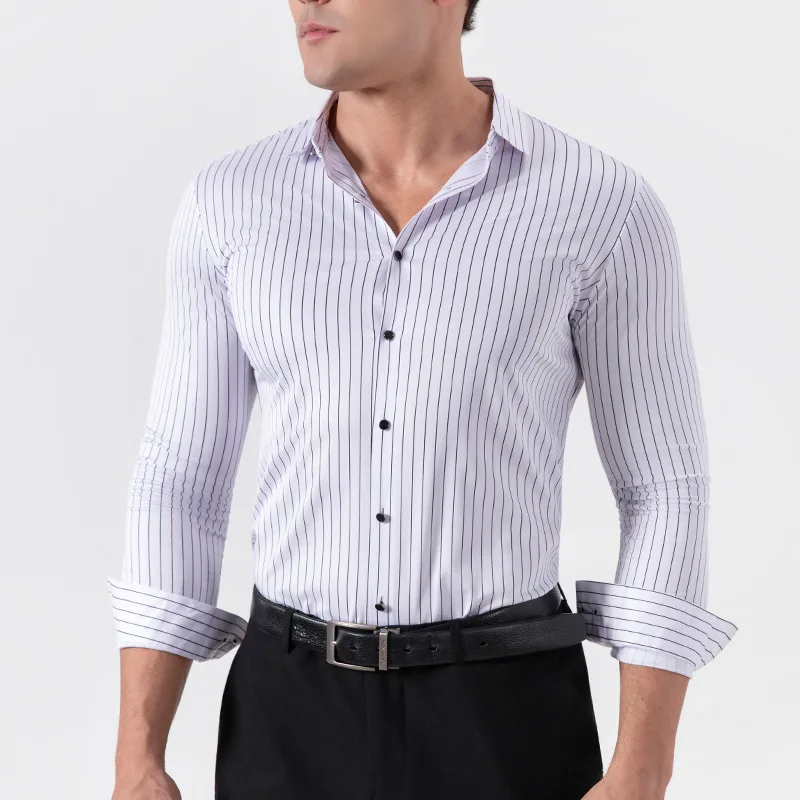 Novo elegante camisa listrada masculina manga longa negócios casual alta elasticidade primavera outono sem costura fácil de cuidar roupas masculinas macias