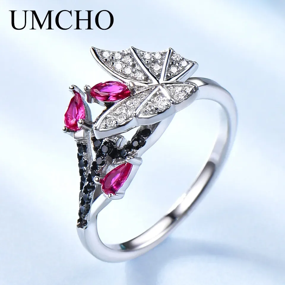 

UMCHO Solid 925 Sterling Silver Rings For Women Natural Black Spinel Ruby Gemstone Fashion Unique Butterfly Ring Fine Jewelry