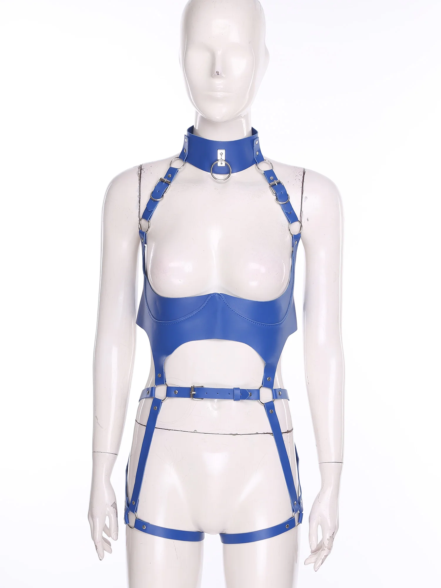 

Women Metal O-ring Faux Leather Body Belt Choker And Bra Cage Hollow-out Adjustable Harness Body Straps for Dating Nightwear