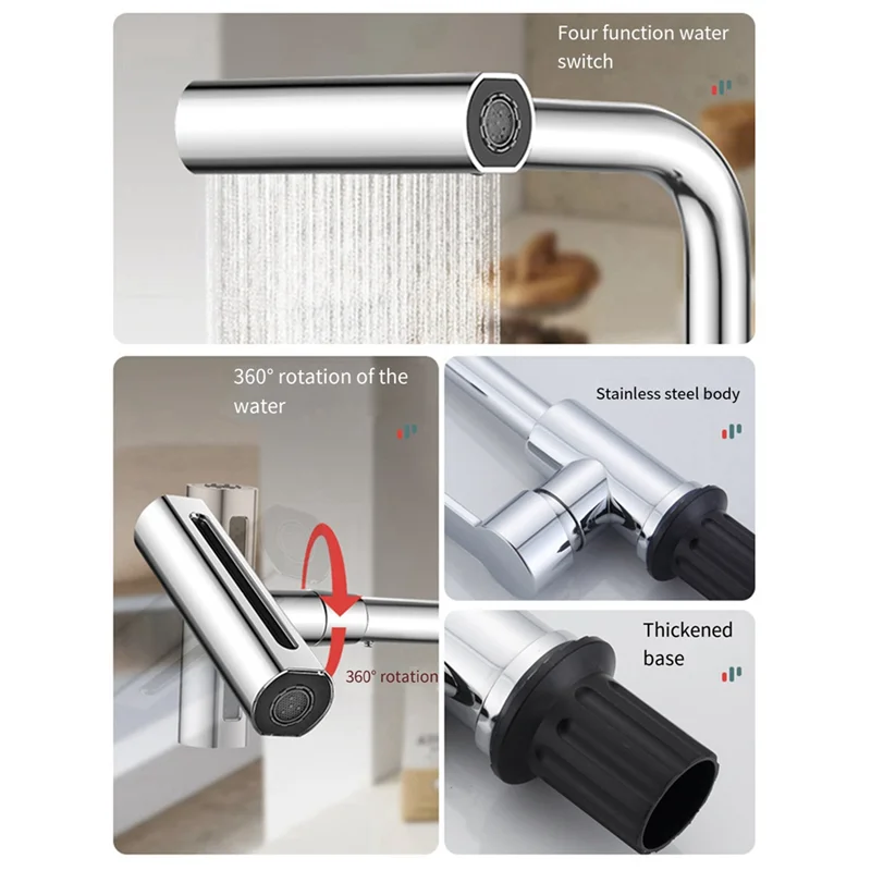Waterfall Kitchen Faucet With 4 Modes Stream Sprayer Single Hole Deck Mounted Tap Black-AT48