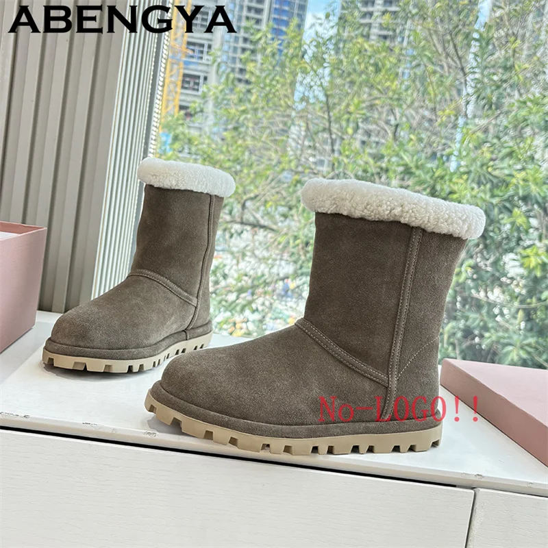

Winter Snow Boots Women's Fur Warm Mini Round Toe Boots Ankle Thick-soled Slippers Suede Leather Wool Shoes 2026 Botas Mujer