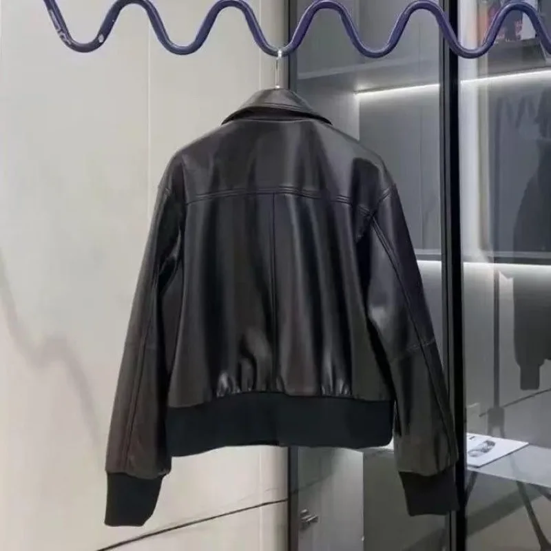 Luxury Women's Black Leather Jacket PU Leather Coat Spring Autumn Metal Button Pocket Outerwear Streetwear Short Top Long Sleeve