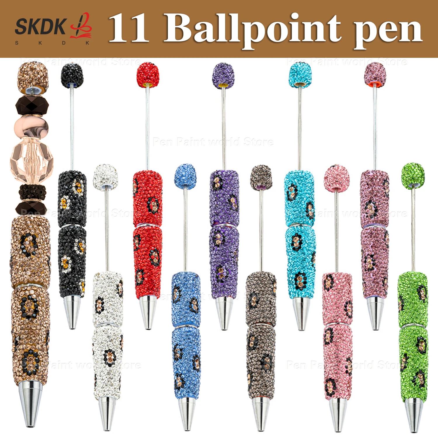 

11Pcs Leopard Print Rhinestone Bead Pen – DIY Ballpoint Pen with Sparkling Design for Gifts