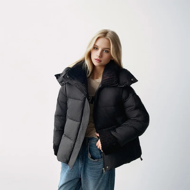 Winter Female's Parka Jacket Pure Color Zipper Lambswool Turn Down Collar Pockets Women's Coat Minimalsit Casual Coat For Women