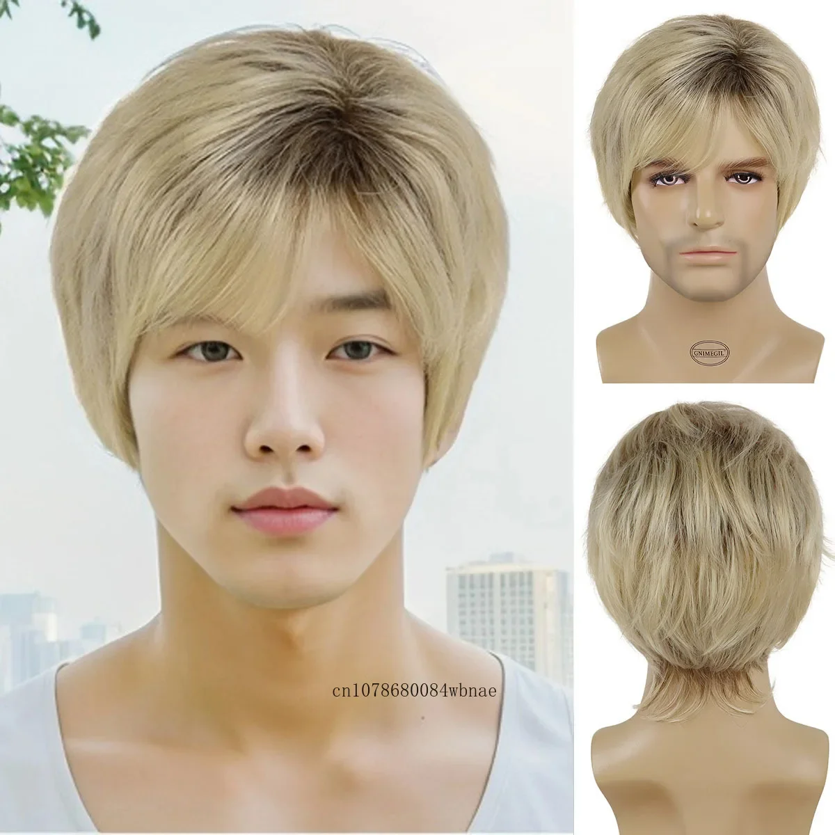 Synthetic Hair Bob Wigs Short Layered Blonde Wig with Bangs for Men Male Heat Resistant Daily Cosplay Daily Costume Halloween