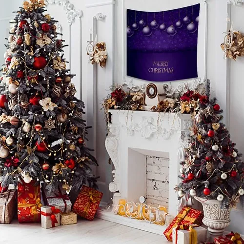 Henge Purple Lilac Christmas Decorations Stars Happy with Merry Christmas Wall Curtain-Wall Cover