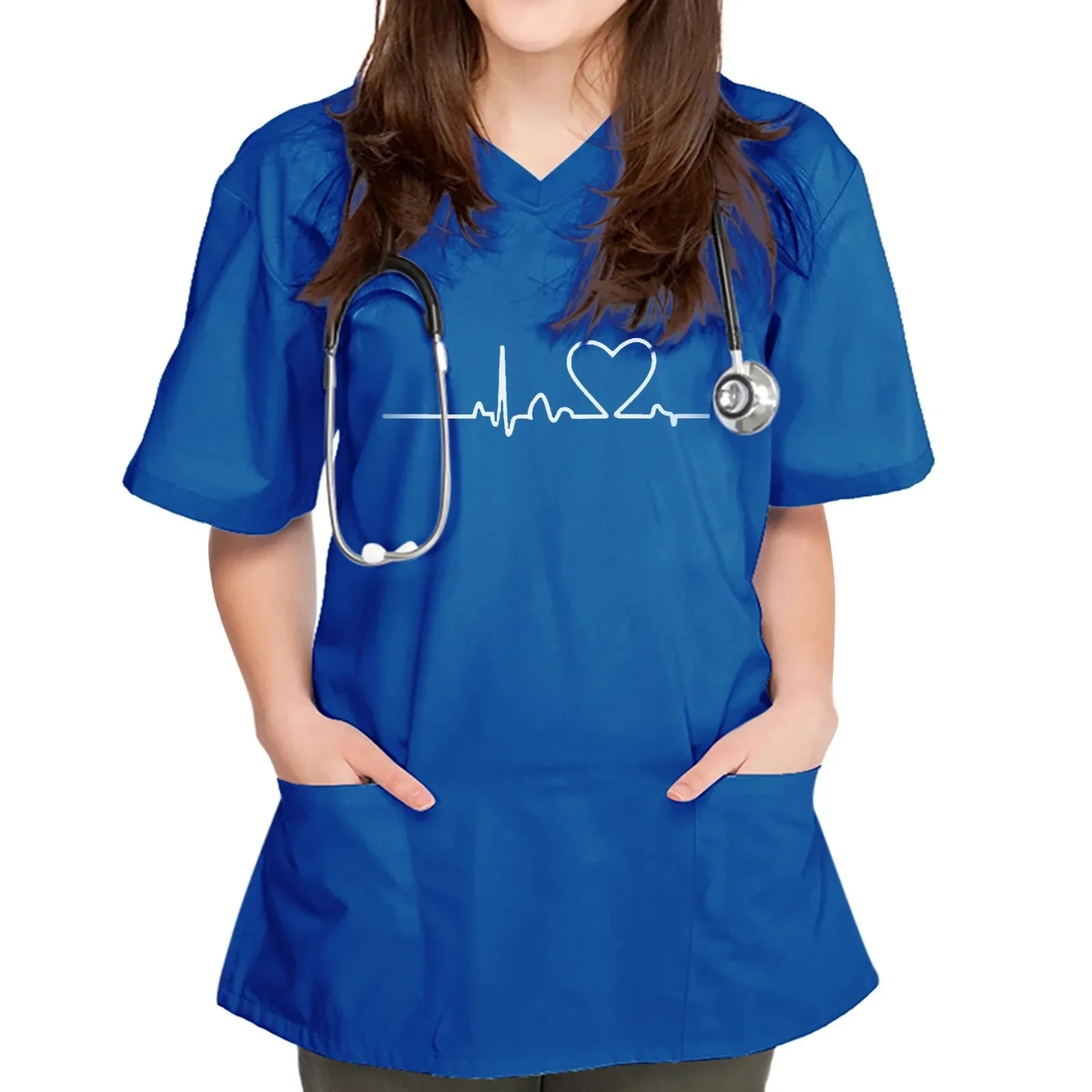 Uniforme d'infirmières à imprimé cœur pour femmes, manches courtes, col en V, uniforme de travail en Y, chemisier à poche imprimée, uniformes de toilettage pour animaux de compagnie, nouveau