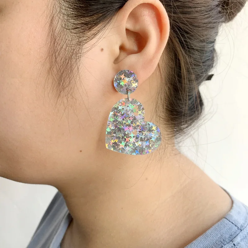 Fashion Star Glitter Powder Acrylic Earrings For Women Cute Geometric Heart Drop Earrings