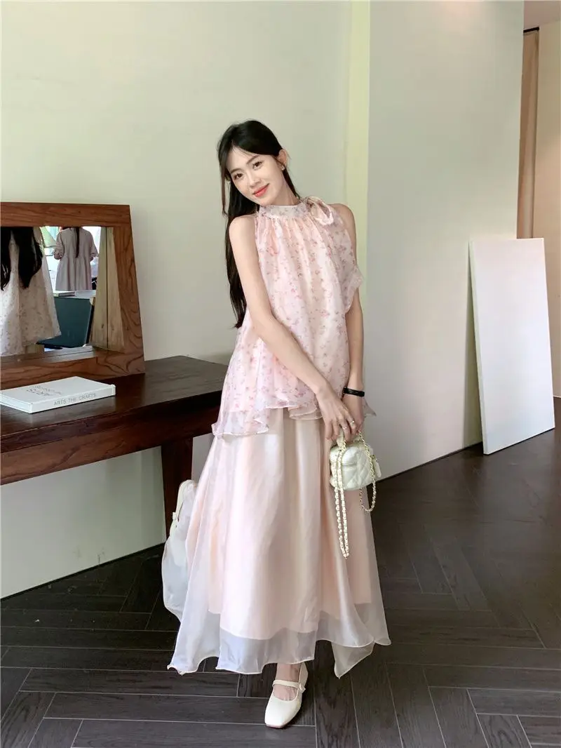 2024 Spring First Love Pure Milk Sweet Pink Fragmented Flower Suspended Tank Top Mesh Long Dress 2-piece Set