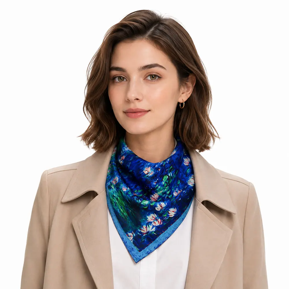 lenco-de-seda-100-natural-de-65cm-para-mulheres-estampa-floral-de-lirio-d'Agua-bandana-inspirada-na-arte-de-monet-lenco-botanico-para-cabelo-presente-para-senhoras