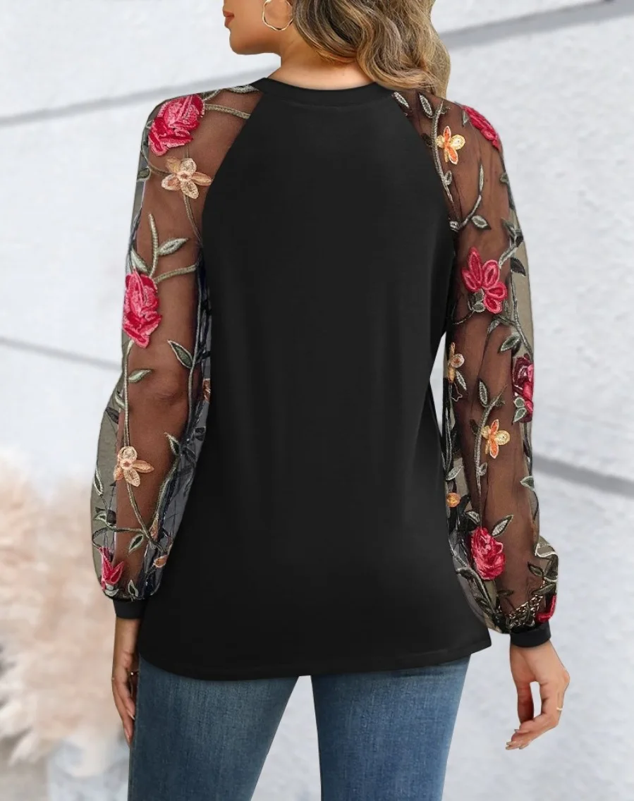 Bluse mit Rundhalsausschnitt und plissierter Vorderseite, 3D-Blumenmuster, langärmelig, mit gerafften Manschetten, elegant, für den Alltag, Partys, süß, lässig, Oberteil – Detail 18