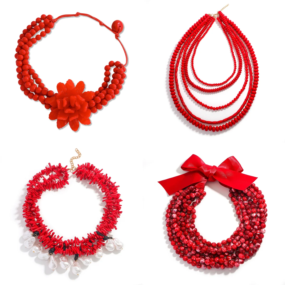 

Multilayer Red Color Resin Beaded Charm Neckalce For Women Bohemia Handmade Beaded Flower Jewelry Elegant Wedding Bride Wearing