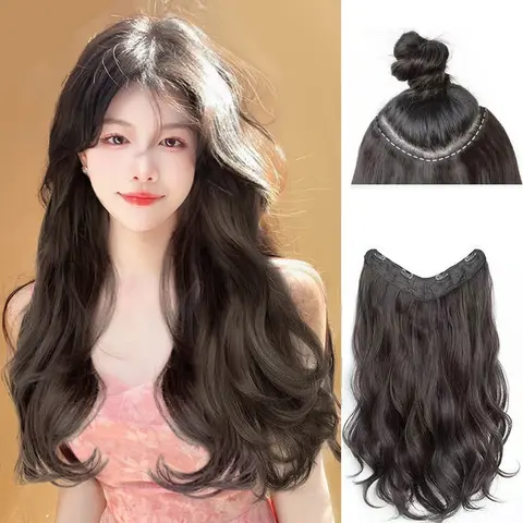 22 인치 합성 V 자형 4 클립 원피스 긴 곱슬 물결 클립 헤어 익스텐션 여성용 헤어 피스
