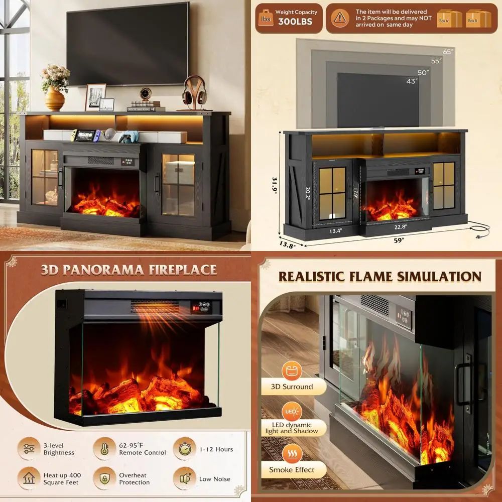 

3-Sided Glass Electric Fireplace TV Stand, Entertainment Center for 65 TVs, 14 Flame Colors, Adjustable LED Storage