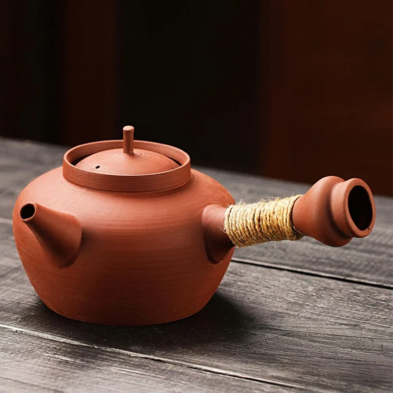 Imagem -05 - Handmade Chinês Kung fu Tea Grupo Handle Side Vermilion Kettle Areia de Lama Vermelha Jumping Lid Bule Fervente Cru Ore Roxo